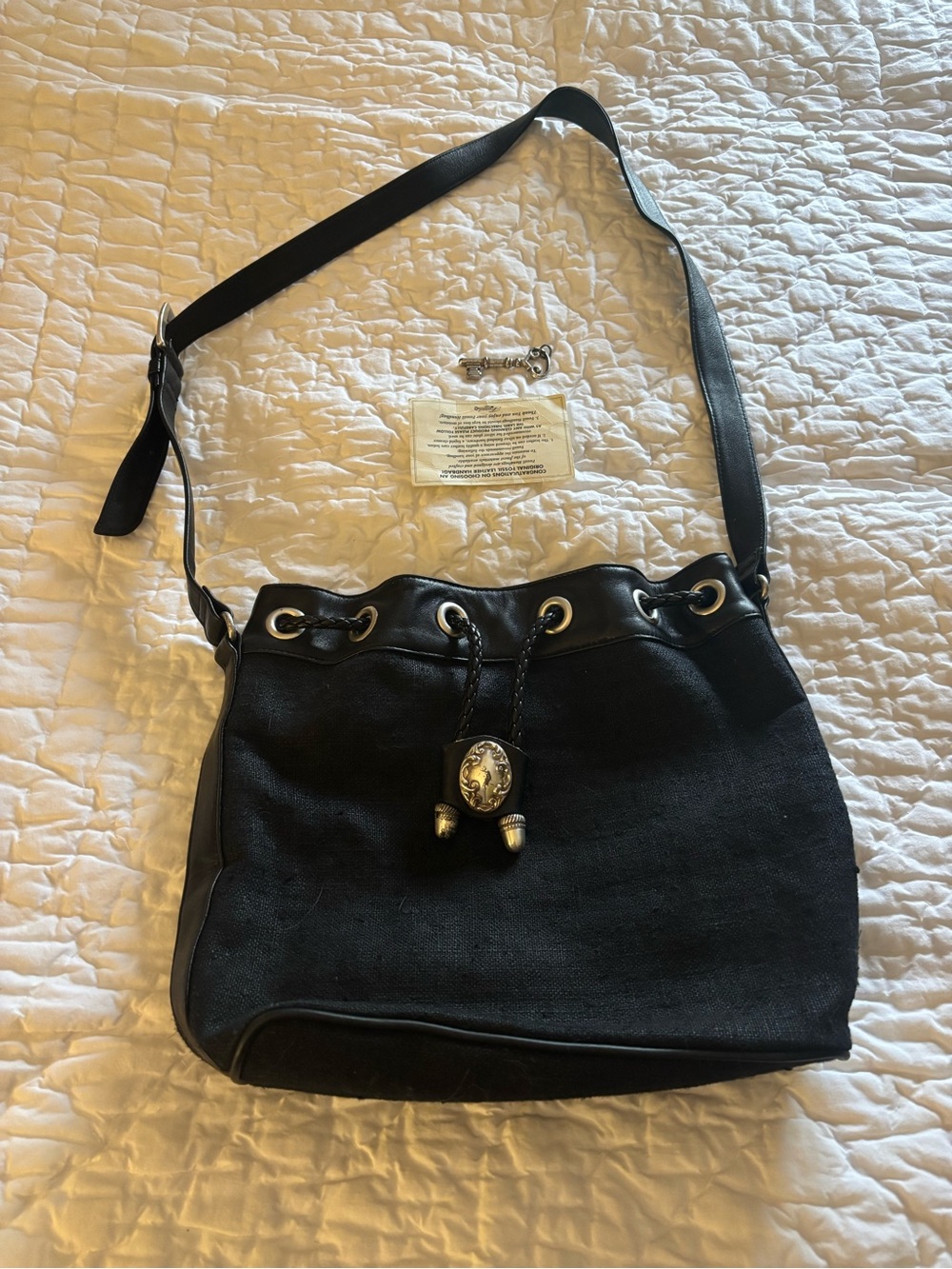 Vintage Fossil Leather and Linen Black Drawstring Crossbody Bag Silver Hardware